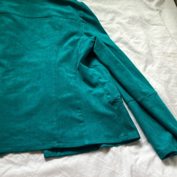 Chico’s:Tapestry Teal Faux Suede Jacket- Lace up sleeve- gold tone-8/10 (size 1) - Picture 12 of 14